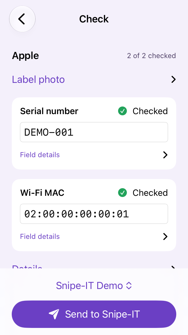 Bored Scanner review screen with a demo serial and Wi-Fi MAC marked Checked, a destination selector and Send to Snipe-IT.